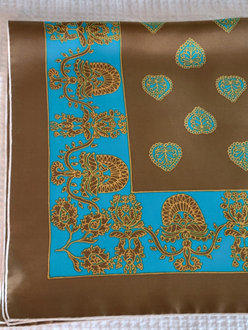 Vintage Silk Scarf in Olive Green and Turquoise,hand Rolled Edges,31X31 Inches. - Picture 7 of 9